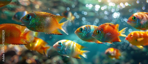 School of tropical fish, close up, rainbow colors, clear water, soft light