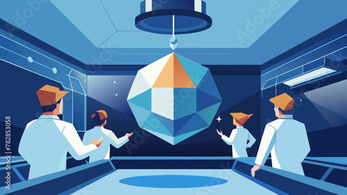 Inside a spinning spacecraft a group of scientists observe a crystal growth experiment in progress. The centrifugal force created by the