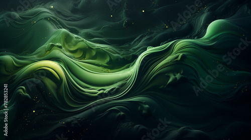 Dark abstract background. Flow of green paint with bubbles and lumps. Dark green liquid, abstract 3D background. AI generative