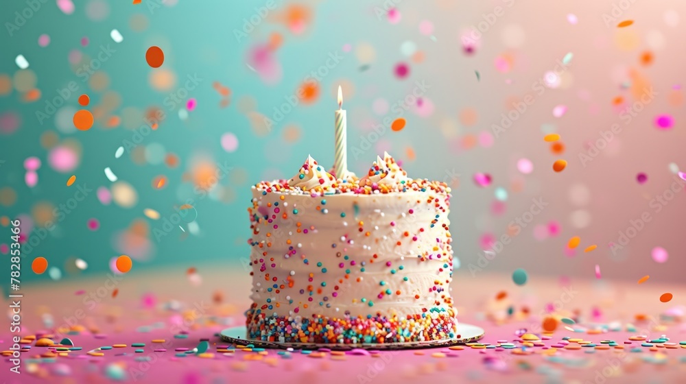 Yummy Cake with Lit Candle and Sprinkles on Table, Happy Birthday wishes for you! Yummy Cake with Lit Candle and Sprinkles on Table, Happy Birthday wishes for you!