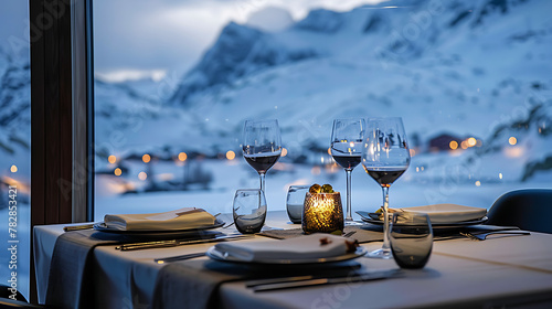 glasses of wine on table, Wine glasses rest on a table against a backdrop of pristine snow, evoking warmth and luxury. Perfect for winter celebrations and cozy gatherings. Capture the essence of elega photo