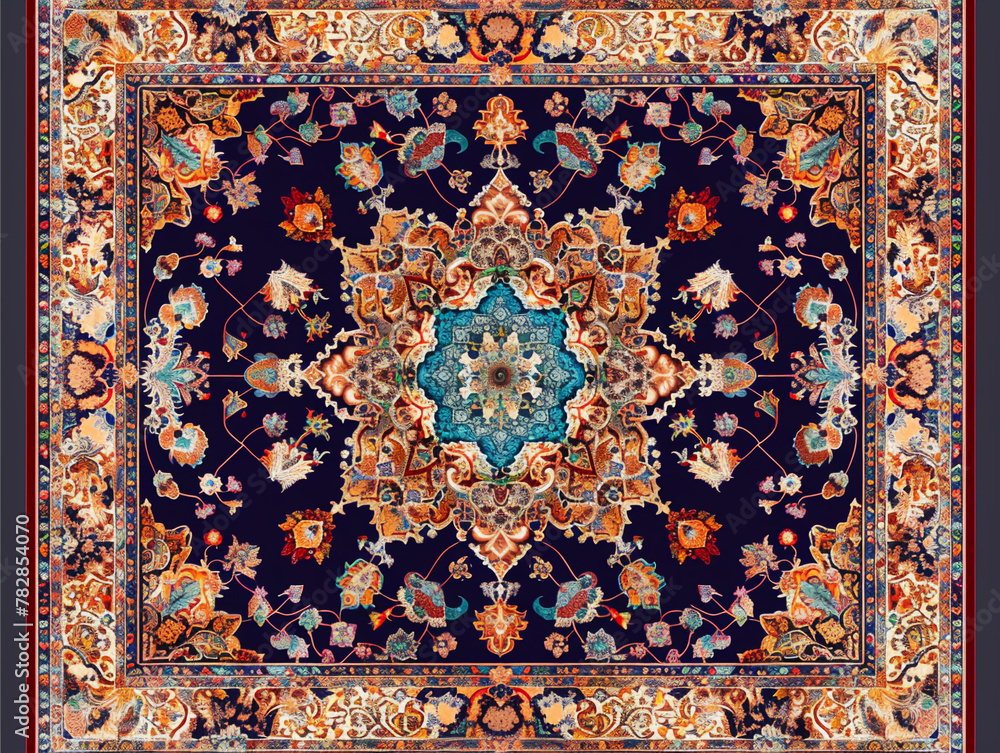 3D Persian rug with intricate patterns, vector art, vibrant hues