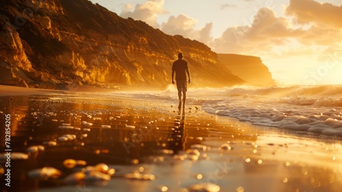 A carefree soul skips along a sandy beach photo
