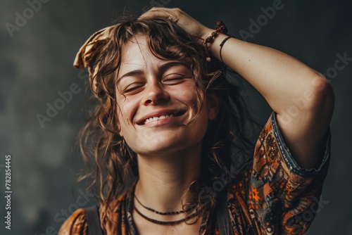 Free-spirited woman with long hair smiling and enjoying life Fictional Character Created by Generative AI.