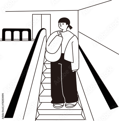 エスカレーターに乗る女性、線画、ベクター