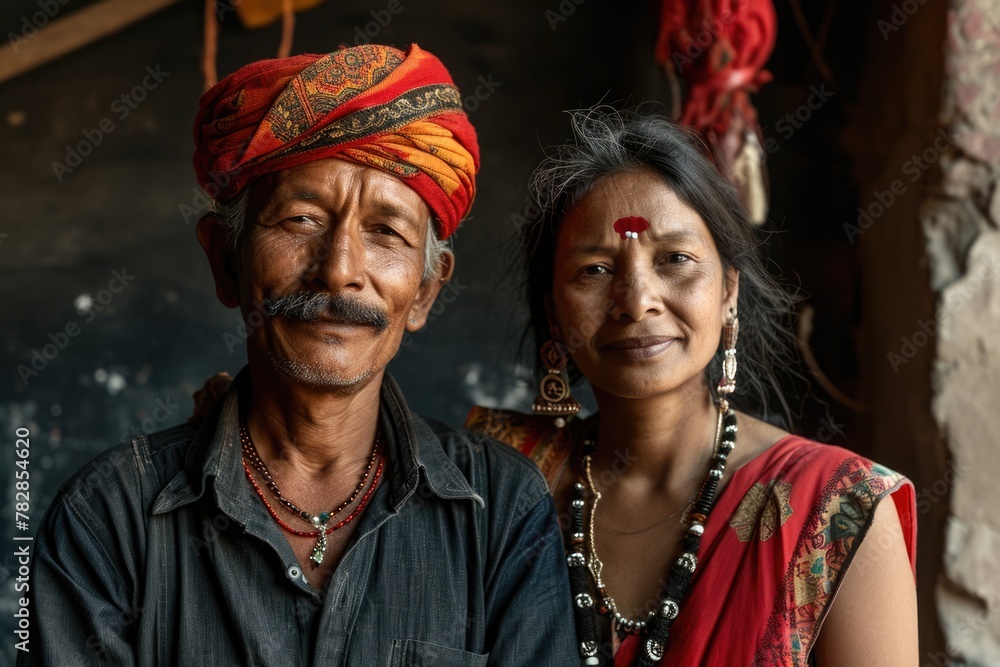 Fototapeta premium An elderly couple wearing traditional Indian clothing Fictional Character Created by Generative AI.
