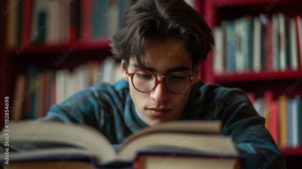A determined scholar pores over books A determined scholar pores over books