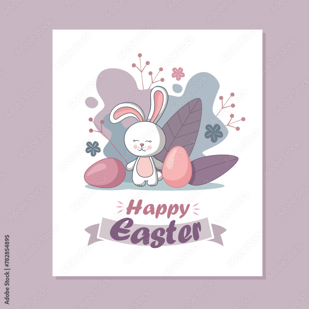 Happy Easter card with rabbit, eggs, spring flowers Happy Easter card with rabbit, eggs, spring flowers