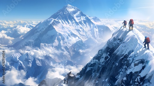 Climbers Braving the Ascent A D Rendered Satellite View of Everest in the Himalayas Mountains Range Generative ai photo