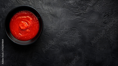 Vibrant tomato soup in a black bowl, top view on a textured dark background with ample copy space. Ideal for concepts of vegan cooking, healthy eating, and simple yet elegant culinary presentations