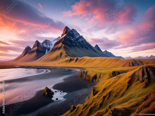 Impressive view of Vestrahorn mountaine on Stokksnes cape in Iceland during sunset. Amazing Iceland nature seascape. popular tourist attraction. Best famouse travel locations. photo