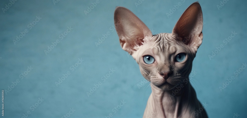 Close-up portrait of a Sphynx cat on a blue background