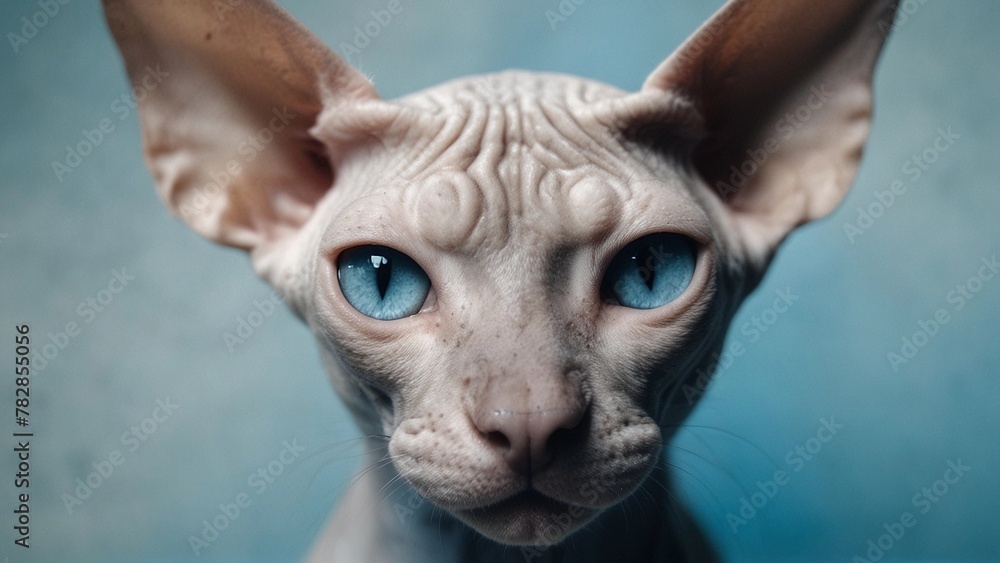 Close-up portrait of a Sphynx cat on a blue background Close-up portrait of a Sphynx cat on a blue background
