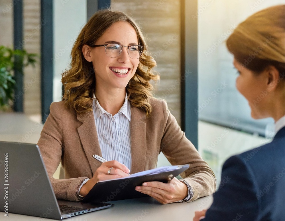 cheerful woman happy manager Interviewing business female applicant In room office cheerful woman happy manager Interviewing business female applicant In room office