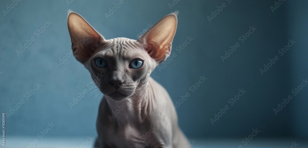 Close-up portrait of a Sphynx cat on a blue background