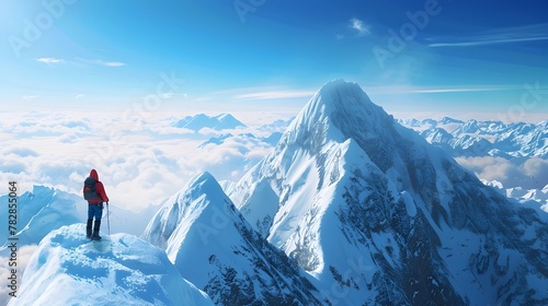 Lone Hiker Conquering the Majestic Peak A Satellite View of Everest in the Himalayas Generative ai