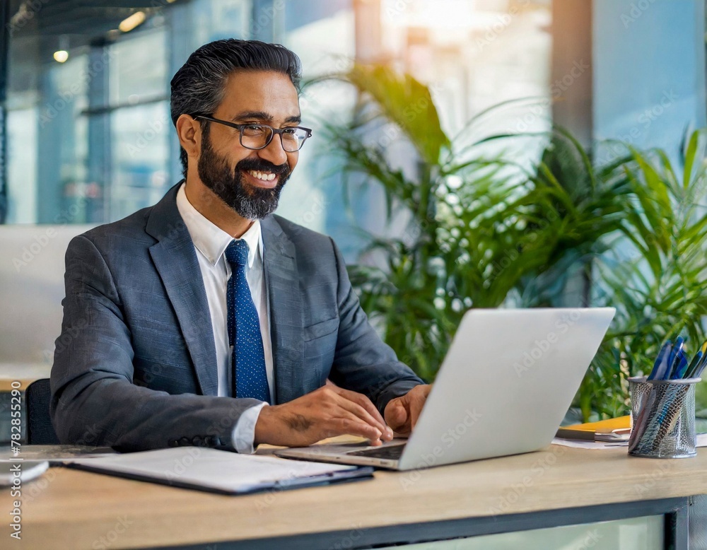 Smiling mature bearded business man executive sitting at desk using laptop working on computer corporate technology in office Smiling mature bearded business man executive sitting at desk using laptop working on computer corporate technology in office