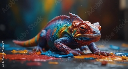Iguana in colorful paints  close-up  isolated background