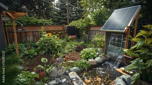 A backyard with a focus on sustainability, featuring a rain garden, a compost area, and native plant species. There's also a small solar panel setup and a birdhouse. 