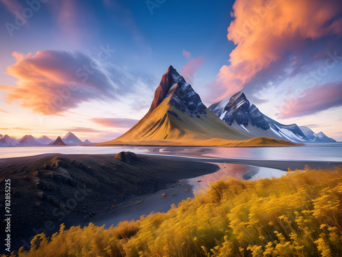 Impressive view of Vestrahorn mountaine on Stokksnes cape in Iceland during sunset. Amazing Iceland nature seascape. popular tourist attraction. Best famouse travel locations. photo