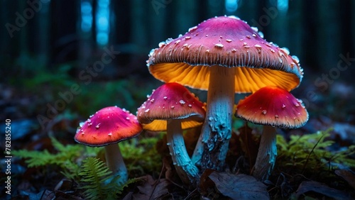 Abstraction, fantastic mushrooms in a clearing. Bright neon light, dark colors. © mischenko