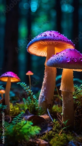 Abstraction, fantastic mushrooms in a clearing. Bright neon light, dark colors.