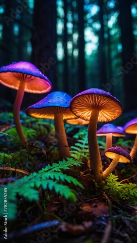 Abstraction, fantastic mushrooms in a clearing. Bright neon light, dark colors.