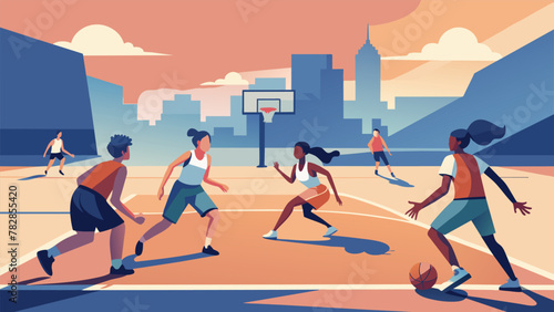 A group of students playing a friendly game of basketball on the court energized and competitive as they test their basketball skills on the