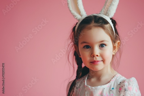 Adorable little girl with pigtails poses for a picture wearing bunny ears.