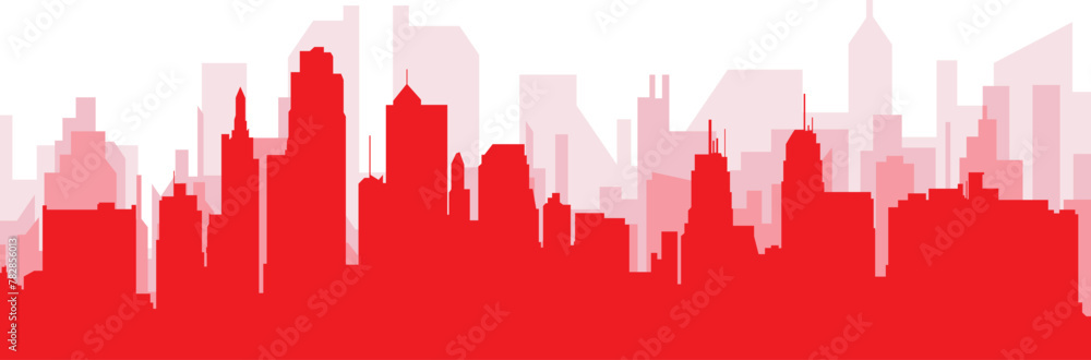 Red panoramic city skyline poster with reddish misty transparent background buildings of KANSAS CITY, UNITED STATES