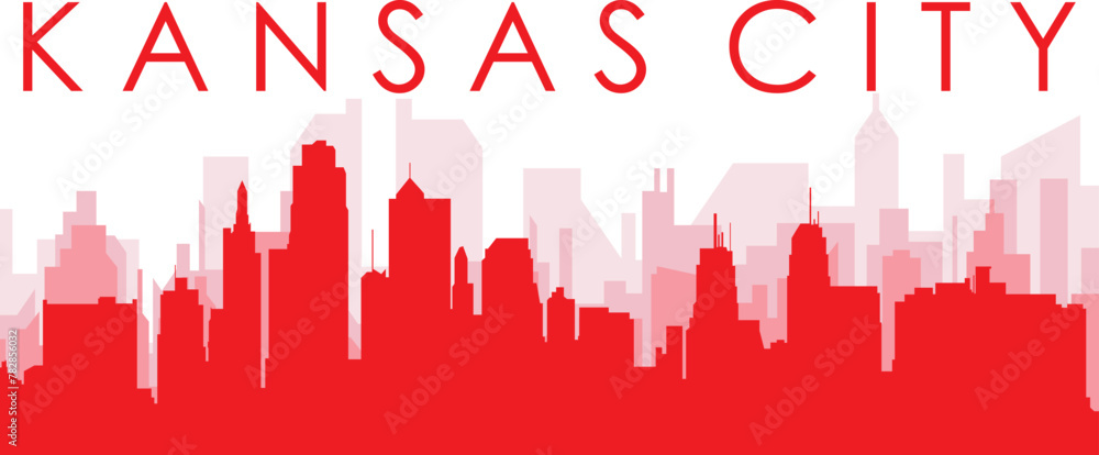 Red panoramic city skyline poster with reddish misty transparent background buildings of KANSAS CITY, UNITED STATES Red panoramic city skyline poster with reddish misty transparent background buildings of KANSAS CITY, UNITED STATES
