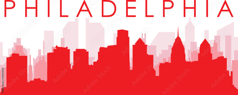 Red panoramic city skyline poster with reddish misty transparent background buildings of PHILADELPHIA, UNITED STATES