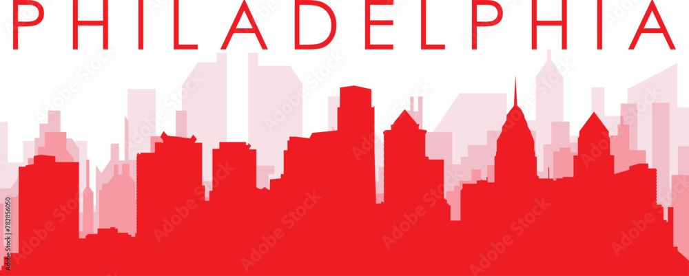 Red panoramic city skyline poster with reddish misty transparent background buildings of PHILADELPHIA, UNITED STATES Red panoramic city skyline poster with reddish misty transparent background buildings of PHILADELPHIA, UNITED STATES