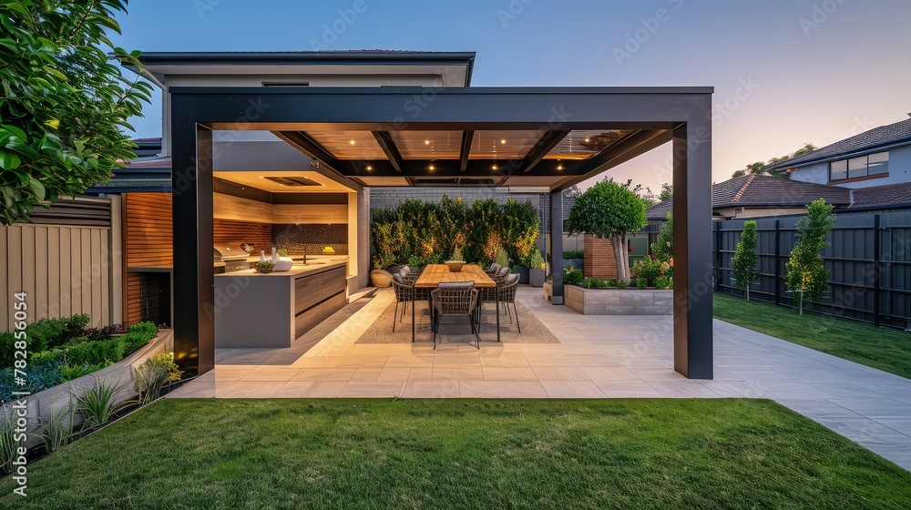 A contemporary backyard with a built-in outdoor kitchen and dining area. There's a pergola providing shade over a modern dining set, and ambient lighting illuminates the area. 
