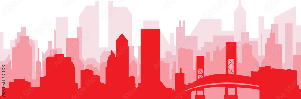 Red panoramic city skyline poster with reddish misty transparent background buildings of JACKSONVILLE, UNITED STATES