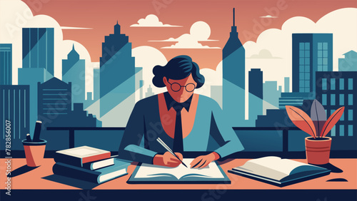 In the bustling city a passionate writer sits at their desk surrounded by open notebooks and tered pens. As they scribble away their vocabulary
