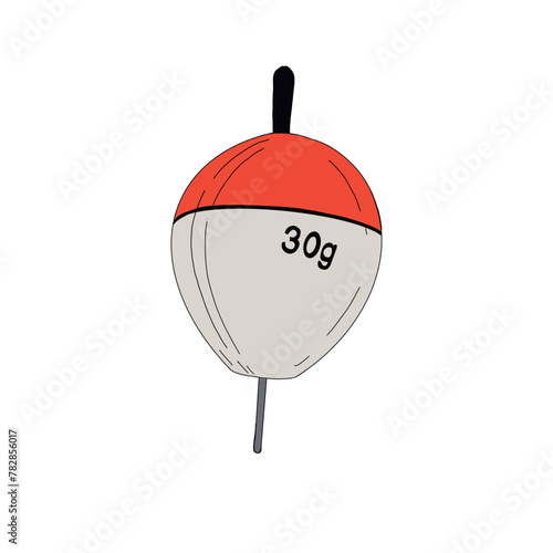 Fishing float bobber cork vector illustration tackle. Bait minnow line drawing. Silhouette white red outline. Fisher angler tool. Sharp triple catch sport equipment