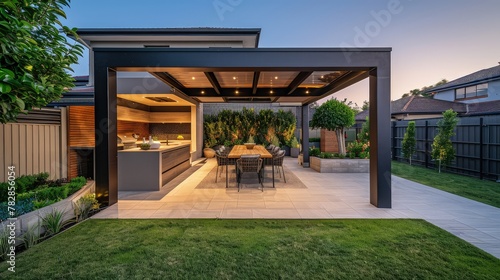 A contemporary backyard with a built-in outdoor kitchen and dining area. There's a pergola providing shade over a modern dining set, and ambient lighting illuminates the area.  © muhammad