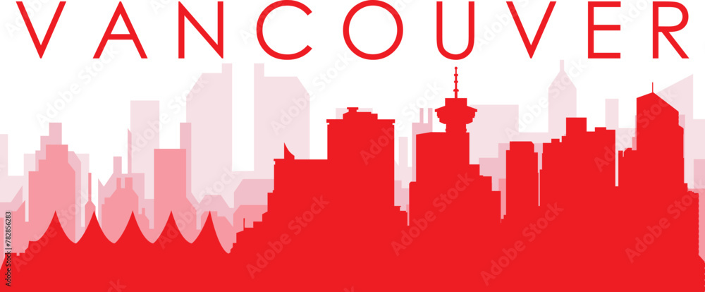 Red panoramic city skyline poster with reddish misty transparent background buildings of VANCOUVER, CANADA