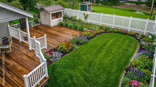 A cozy backyard with a wooden deck and lush green lawn, surrounded by a white picket fence. Flower beds with colorful blooms line the edges, and a small garden shed sits in one corner.  photo