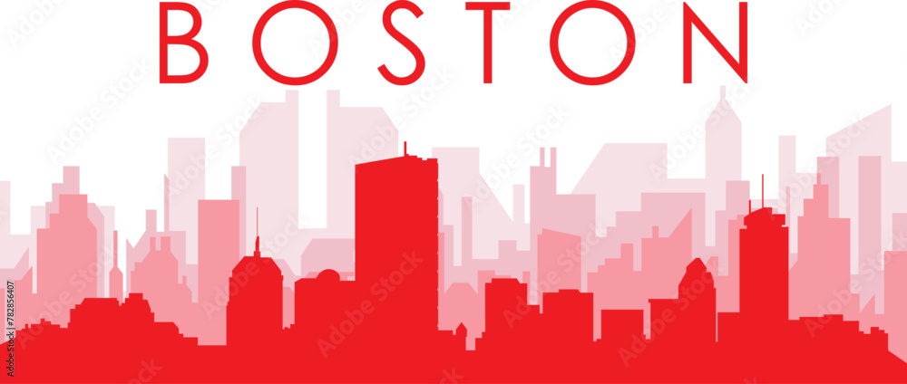Red panoramic city skyline poster with reddish misty transparent background buildings of BOSTON, UNITED STATES