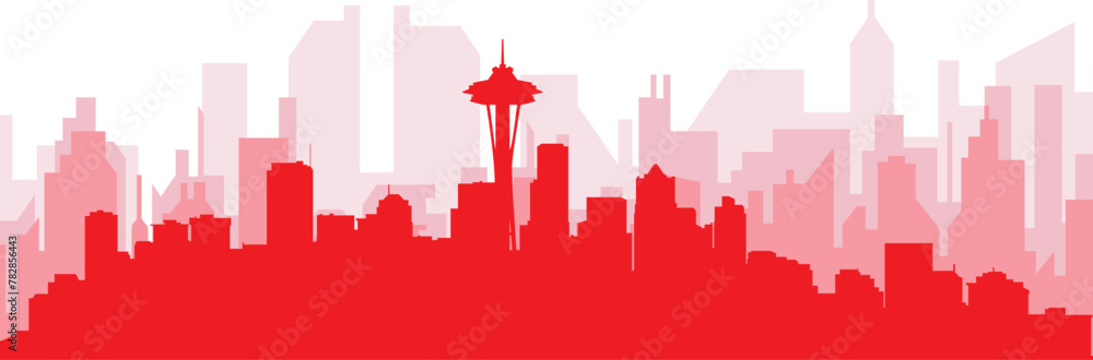 Red panoramic city skyline poster with reddish misty transparent background buildings of SEATTLE, UNITED STATES