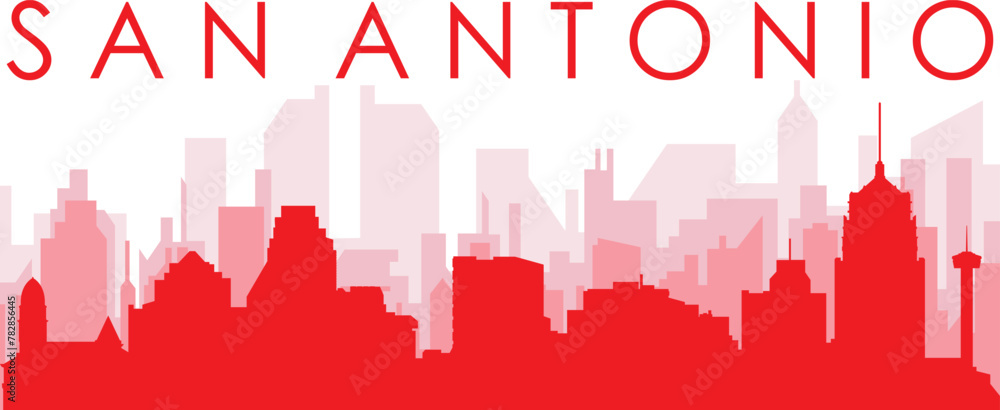 Red panoramic city skyline poster with reddish misty transparent background buildings of SAN ANTONIO, UNITED STATES
