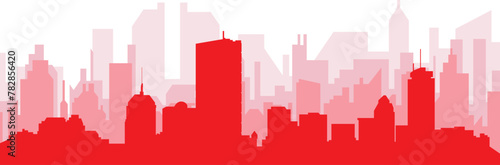 Red panoramic city skyline poster with reddish misty transparent background buildings of BOSTON, UNITED STATES