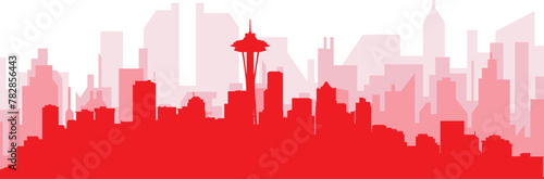Red panoramic city skyline poster with reddish misty transparent background buildings of SEATTLE, UNITED STATES