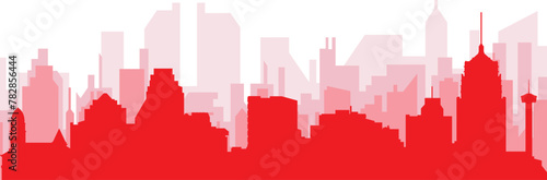 Red panoramic city skyline poster with reddish misty transparent background buildings of SAN ANTONIO, UNITED STATES photo