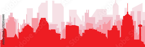 Red panoramic city skyline poster with reddish misty transparent background buildings of SAN ANTONIO, UNITED STATES