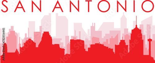Red panoramic city skyline poster with reddish misty transparent background buildings of SAN ANTONIO, UNITED STATES