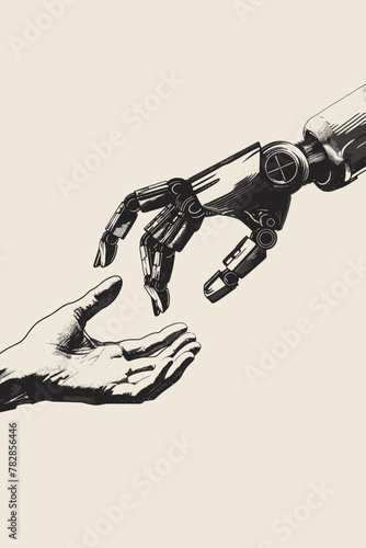 Robotic arm and human hand reaching towards each other, symbolizing collaboration between AI and humans