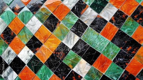 A dynamic and colorful grunge-style mosaic, with square glass tiles in a vivid mix of orange, green, black, and white, perfect for a striking banner background. 